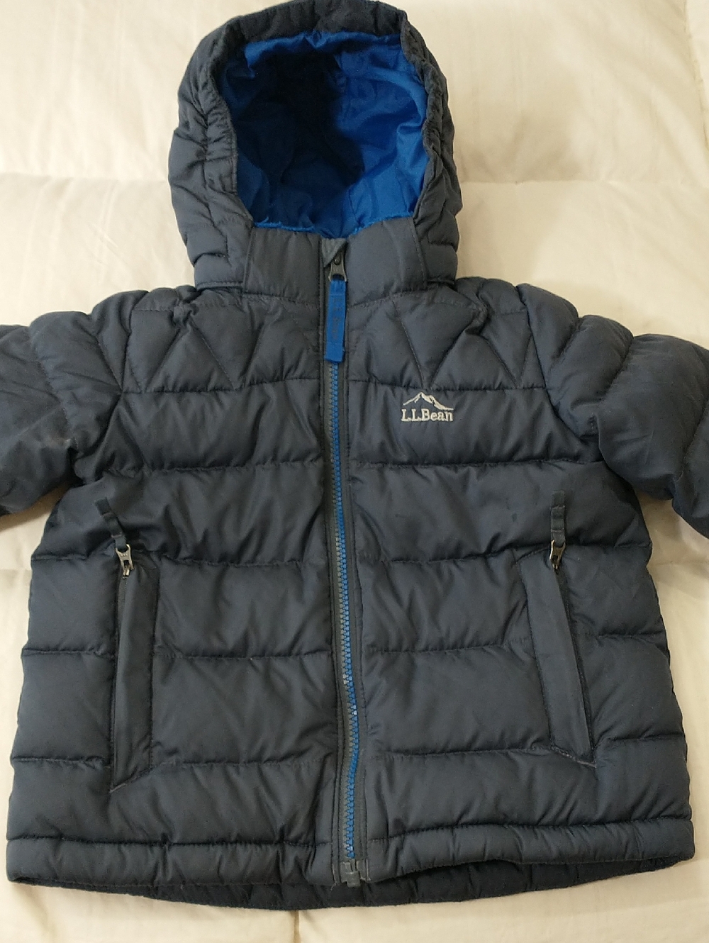 L.L. Bean Light Black Kids Down Fleece Puffer Jacket, Blue Lining, Size 4